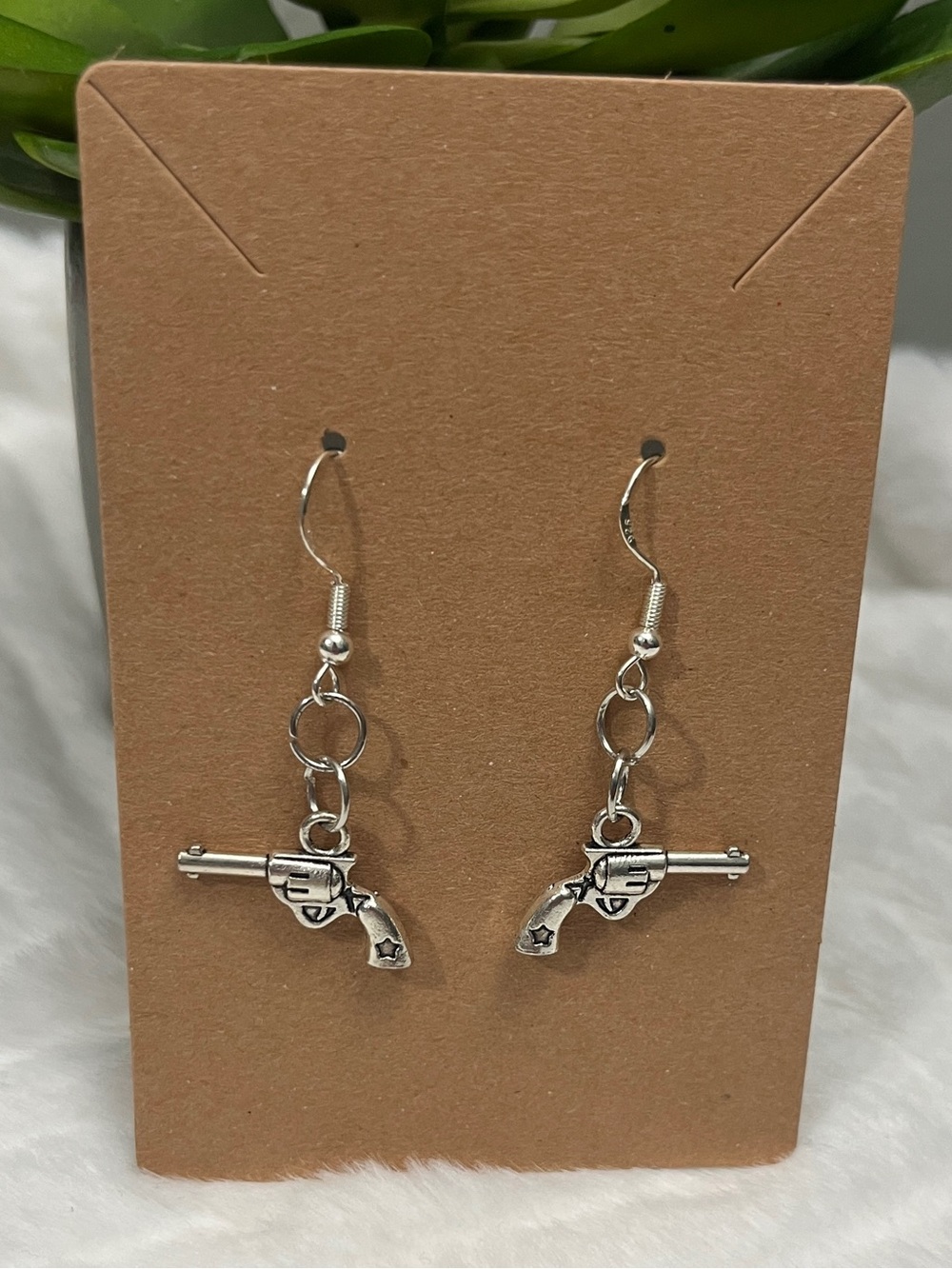 Silver Gun Pistol Dangle Earrings Western Jewelry Dark art armed revolver